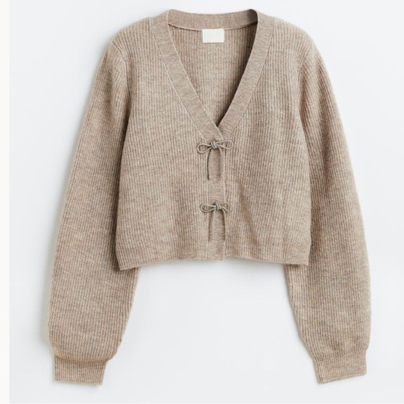 H&M Sweaters - H&M Taupe Ribbed Cropped Cardigan with Front Ties